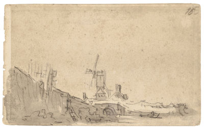 Jan van Goyen, ‘Amsterdam: windmill above an arched bridge, at left a quay wall’, 1651