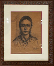 'In the Study - Self Portrait of Frida Kahlo,' charcoal drawing on paper by Unknown (attributed to Frida Kahlo)