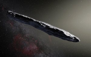 This artist’s impression shows the first interstellar asteroid: `Oumuamua