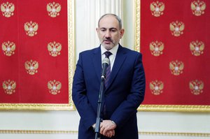 Armenian Prime Minister Nikol Pashinyan speaks to media after his talks with Russian President Vladimir Putin and Azerbaijan's President Ilham Aliyev in Kremlin in Moscow, Russia, Monday, Jan. 11, 2021