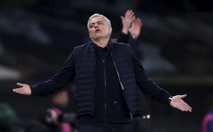 Tottenham's manager Jose Mourinho reacts during the Europa League round of 32 second leg soccer match between Tottenham Hotspur and Wolfsberger AC at the Tottenham Hotspur Stadium in London, England, Wednesday, Feb. 24, 2021.