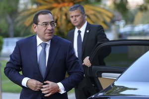 Oil Minister Tarek el-Molla arrives at the presidential palace for a meeting with Cyprus' president Nicos Anastasiades in capital Nicosia, Cyprus, Tuesday, Sept. 18, 2018.