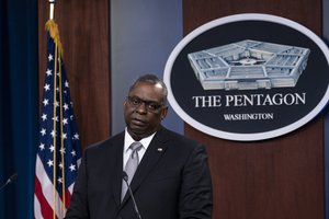 Secretary of Defense Lloyd Austin speaks during a media briefing at the Pentagon, Friday, Feb. 19, 2021, in Washington. (AP Photo/Alex Brandon)