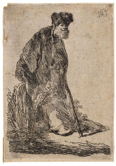 Rembrandt van Rijn, ‘Man in a Coat and Fur Cap Leaning Against a Bank’, circa 1630