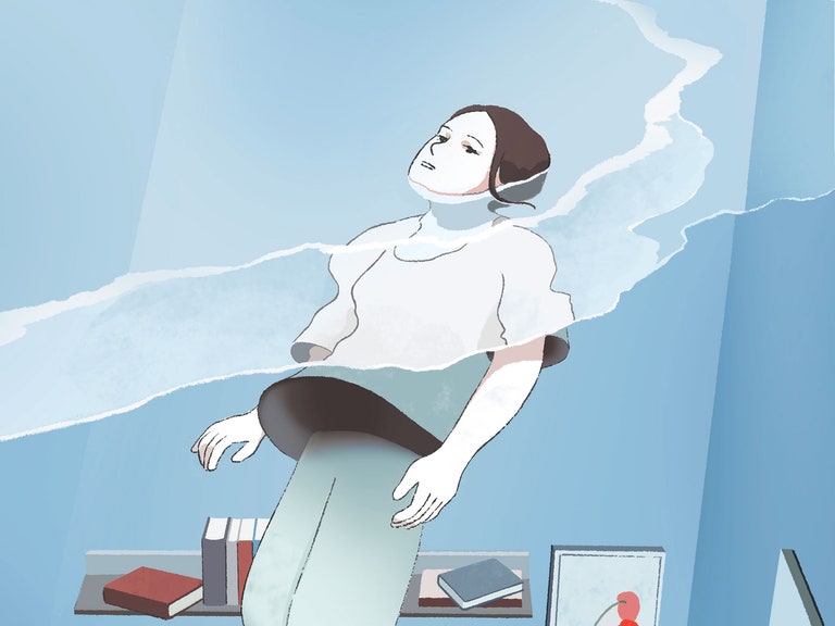 A woman figure floating inside a small bedroom with her head submerged in water