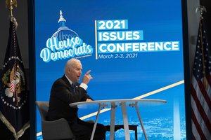 President Joe Biden speaks during a virtual meeting with the House democratic caucus in the South Court Auditorium of the Eisenhower Executive Office Building, on the White House complex, Wednesday, March 3, 2021, in Washington. (AP Photo/Alex Brandon)