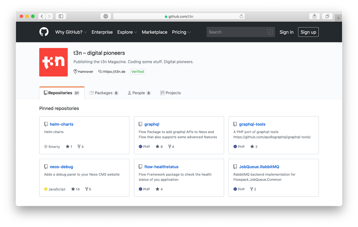 Ein Screenshot des GitHub-Profils von t3n