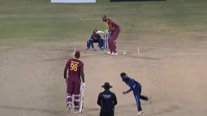 West Indies all-rounder Kieron Pollard has become just the third man to hit six sixes in one over in an international cricket match. Here is the final shot.