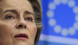 European Commission President Ursula von der Leyen speaks during a media conference at an EU Summit in Brussels, Thursday, Feb. 25, 2021. European Union leaders gathered Thursday, via videoconference link, to try to inject new energy into the 27-nation bloc’s lagging coronavirus vaccination effort as concern mounts that new variants might spread faster than authorities can adapt. (Olivier Hoslet, Pool via AP)