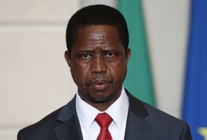 Edgar Chagwa Lungu attend a bilateral signing ceremony with France's President Francois Hollande at the Elysee Palace in Paris, Monday, Feb. 8, 2016