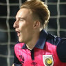 Matthew Hatch celebrates his goal - the fastest debut goal in A-League history - on Monday night.