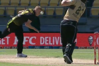 Riley Meredith came perilously close to being struck by a drive from New Zealand batsman Glenn Phillips.