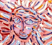 Image description: abstract painting of a face composed of long strokes of light and dark blue strokes on a pink background.