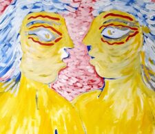 Image description: abstract painting of two stylised yellow faces in profile against red background dotted with off-white strokes of paint.