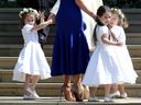 The Duchess of Cambridge with Princess Charlotte and other bridesmaids arrive at St George&#x27;s Chapel in Windsor Castle for the wedding of Prince Harry and Meghan Markle. (Photo by Jane Barlow/PA Images via Getty Images)