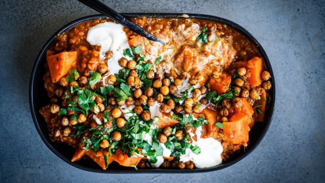 Sweet potato and lentil curry with roasted spiced chickpeas. 