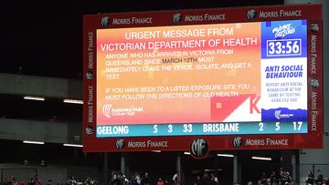 The Victorian government&#x27;s latest guideline shown on the big screen at GMHBA Stadium