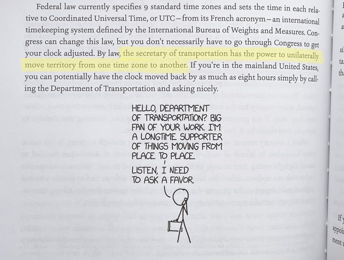 Page from How To with highlighted passage saying that the secretary of transportation has the power to unilaterally move territory between time zones