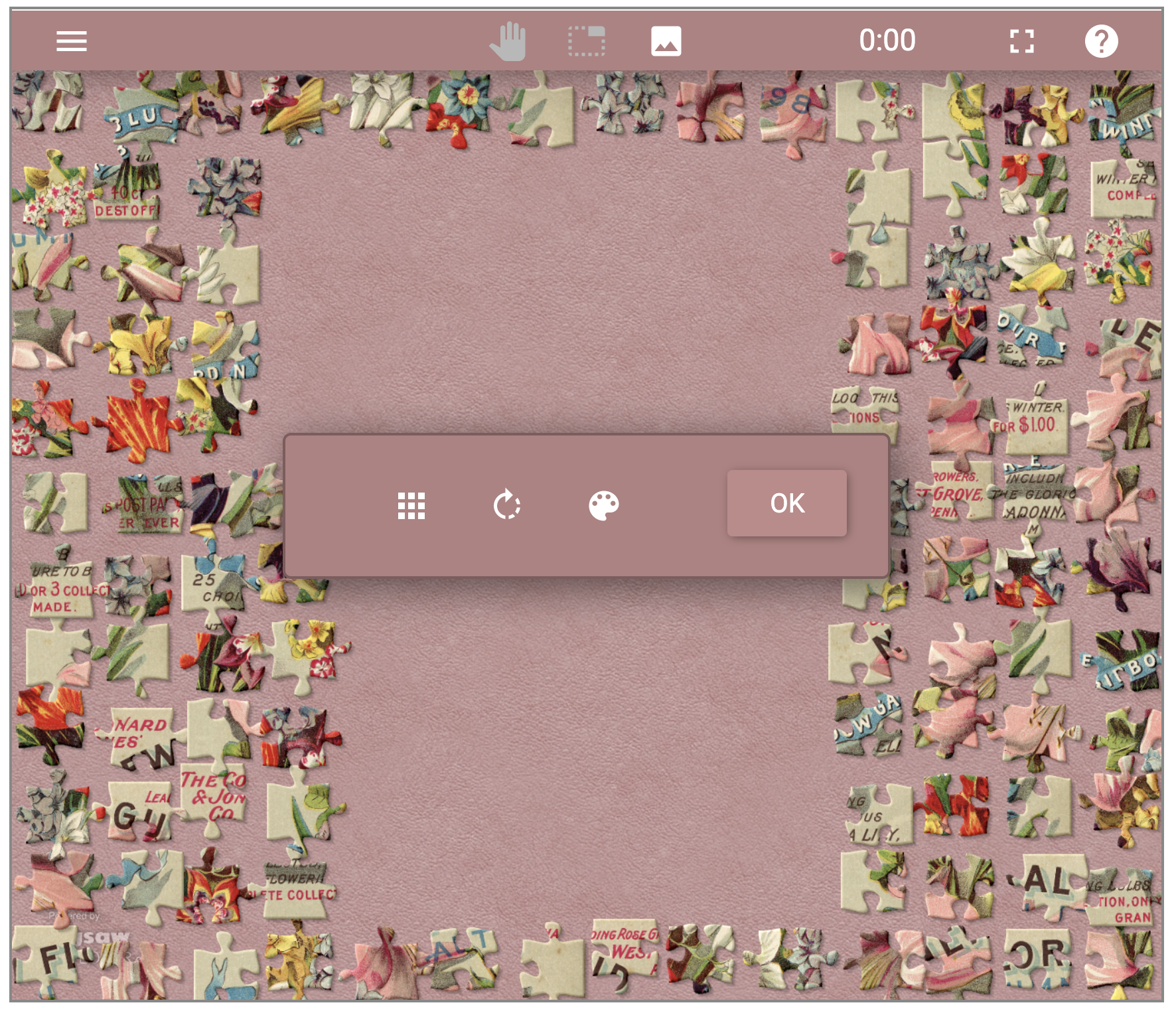 Screenshot of digital jigsaw puzzle with pink background.