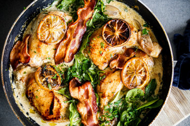 Creamy one-pan chicken with lemon and crispy prosciutto.