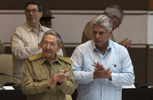 Cuba's President Raul Castro  and Cuba's Vice President Miguel Diaz Canel applaud  at the National Assembly in Havana, Cuba