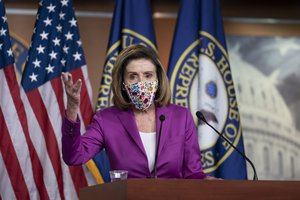 Speaker of the House Nancy Pelosi, D-Calif., holds a news conference on the day after violent protesters loyal to President Donald Trump stormed the U.S. Congress, at the Capitol in Washington, Thursday, Jan. 7, 2021.