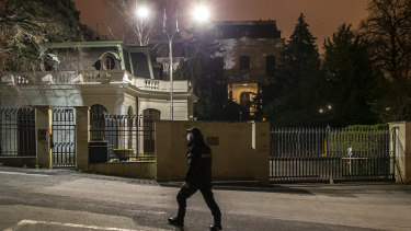 A policeman watches in front of The Russian Federation embassy building on April 17, 2021 in Prague, Czech Republic.