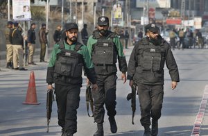 Police commandos patrol the vicinity of Pindi Cricket Stadium, where Bangladesh cricket team attending practice session in Rawalpindi, Pakistan, Thursday, Feb. 6, 2020.