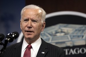 President Joe Biden delivers remarks to Department of Defense personnel, with Vice President Kamala Harris and Secretary of Defense Lloyd J. Austin III, the Pentagon, Washington, D.C., Feb. 10, 2021.