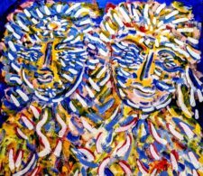 Image description: abstract painting of two faces composed with thick strokes of blue, yellow, green, and white paint.