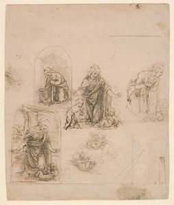 Leonardo da Vinci, ‘Compositional Sketches for the Virgin Adoring the Christ Child, with and without the Infant St. John the Baptist; Diagram of a Perspectival Projection (recto); Slight Doodles (verso)’, 1480–1485