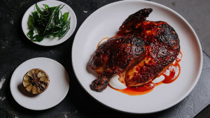 Agnes restaurant’s harissa chicken with labneh and lime. The recipe is below.