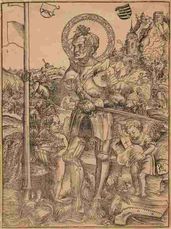 Saint George standing, with two angels