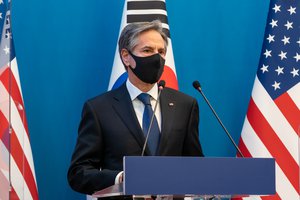 Secretary of State Antony J. Blinken and Defense Secretary Lloyd Austin participate in a joint press availability with Republic of Korea Foreign Minister Chung Eui-yong and Republic of Korea Defense Minister Suh Wook, in Seoul, Republic of Korea, on March 18, 2021