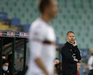 Wales' coach Ryan Giggs looks on, during the UEFA Nations League soccer match between Bulgaria and Wales at Vassil Levski national stadium in Sofia, Bulgaria, Wednesday, Oct. 14, 2020.