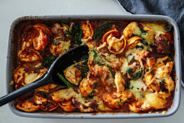 Sausage, kale and tortellini pasta bake.