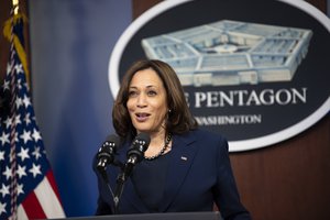 Vice President Kamala Harris delivers remarks in a press event with President Joe Biden and Secretary of Defense Lloyd J. Austin III, the Pentagon, Washington, D.C., Feb. 10, 2021.