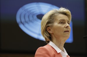 European Commission President Ursula von der Leyen speaks during a debate in the plenary at the European Parliament in Brussels, Monday, April 26, 2021.