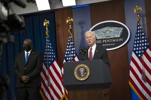 President Joe Biden delivers remarks to Department of Defense personnel, with Vice President Kamala Harris and Secretary of Defense Lloyd J. Austin III, the Pentagon, Washington, D.C., Feb. 10, 2021.