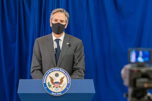 Secretary of State Antony J. Blinken participates in a virtual meet and greet with U.S. Mission Republic of Korea, in Seoul, Republic of Korea on March 17, 2021.