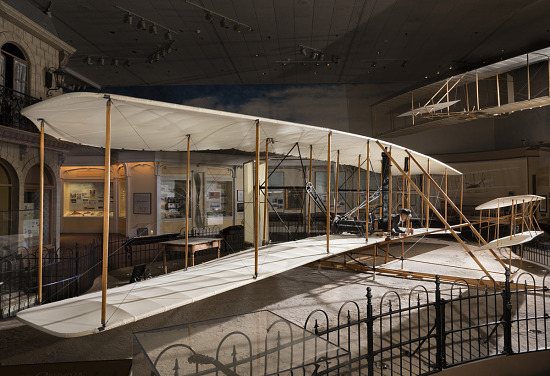 Wood, fabric, and metal canard biplane 1903 Wright Flyer in museum