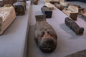 Ancient sarcophagus, discovered in a vast necropolis, are on display in Saqqara, Giza, Egypt, Saturday, Nov. 14, 2020.