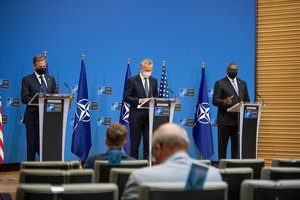 Secretary of Defense Lloyd J. Austin III participates in a joint press conference with NATO Secretary General Jens Stoltenberg and Secretary of State Anthony J. Blinken at NATO headquarters in Brussels, Wednesday, April 14, 2021