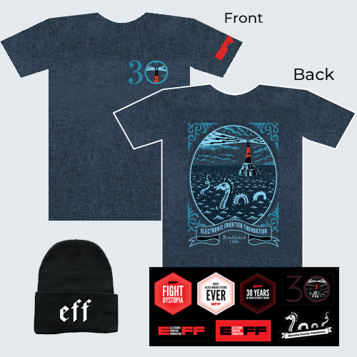 Donor Combo: EFF30 Lighthouse T-Shirt, Hat, and Sticker Sheet