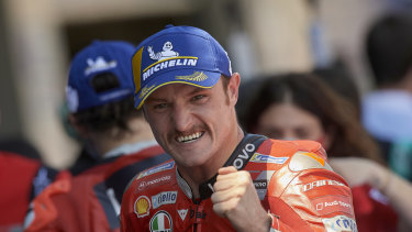 Australian rider Jack Miller celebrates his MotoGP win in Spain on Sunday.