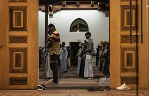 Muslims attending the first Tarawih Salah at Houghton Masjid observe social distance as the worshippers pray during the first day of the holy fasting month of Ramadan, at a mosque in Johannesburg Tuesday, April 13, 2021.