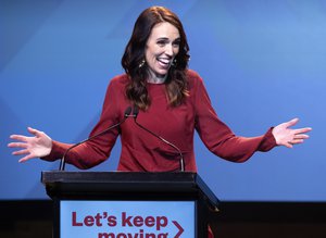 File - New Zealand Prime Minister Jacinda Ardern gestures as she gives her victory speech to Labour Party members at an event in Auckland, New Zealand, Saturday, Oct. 17, 2020.