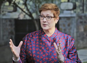 Australian Foreign Minister Marise Payne speaks to journalists in New Delhi, India, Wednesday, Jan. 9, 2019