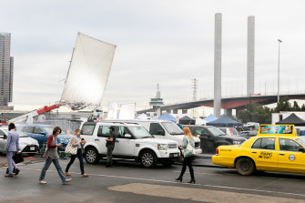 Filming of the new NBC series La Brea at Docklands.