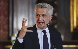 Filippo Grandi, U.N. High Commissioner for Refugees, speaks during a joint statement with President Ivan Duque in Bogota, Colombia, Monday, Feb. 8, 2021.